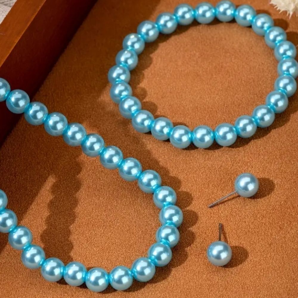 Faux Baby Blue Pearl Necklace, Earrings, and Bracelet Set